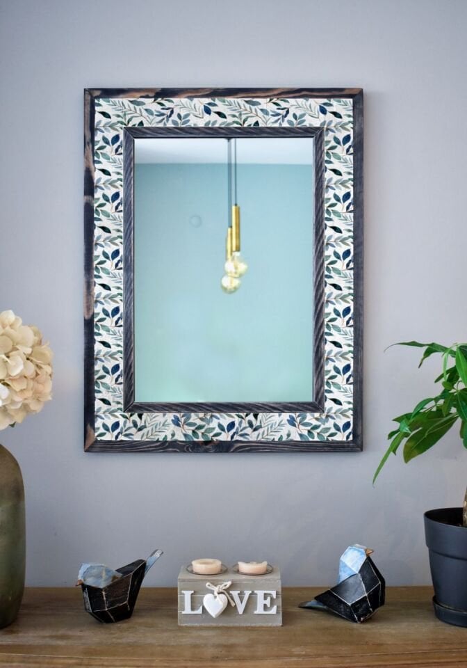 Çiçek Temalı, Masif Ahşap Ve Desenli Mermerden Dekoratif Ayna - 48x63cm - 012.1