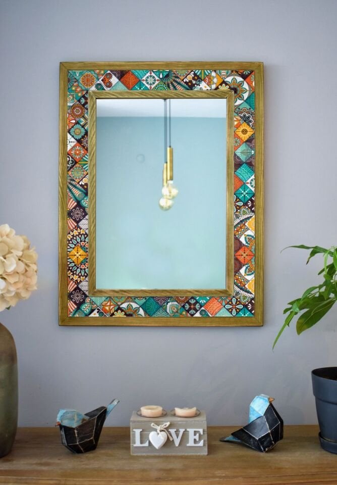 Mandala Temalı, Masif Ahşap Ve Desenli Mermerden Dekoratif Ayna - 48x63cm - 015.1