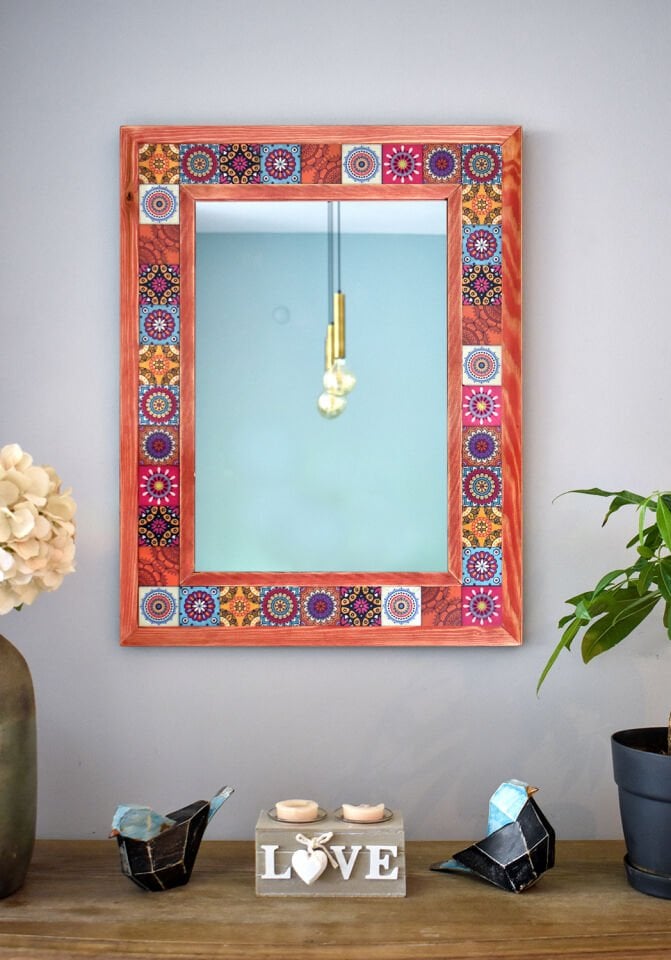 Mandala Temalı, Masif Ahşap Ve Desenli Mermerden Dekoratif Ayna - 48x63cm - 019.1