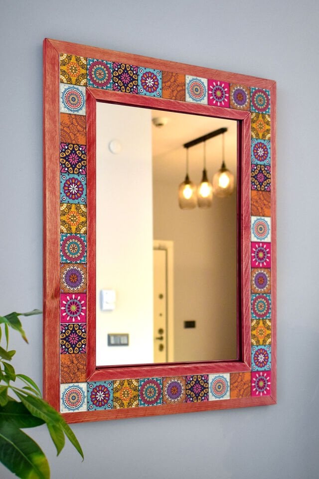 Mandala Temalı, Masif Ahşap Ve Desenli Mermerden Dekoratif Ayna - 48x63cm - 019.1