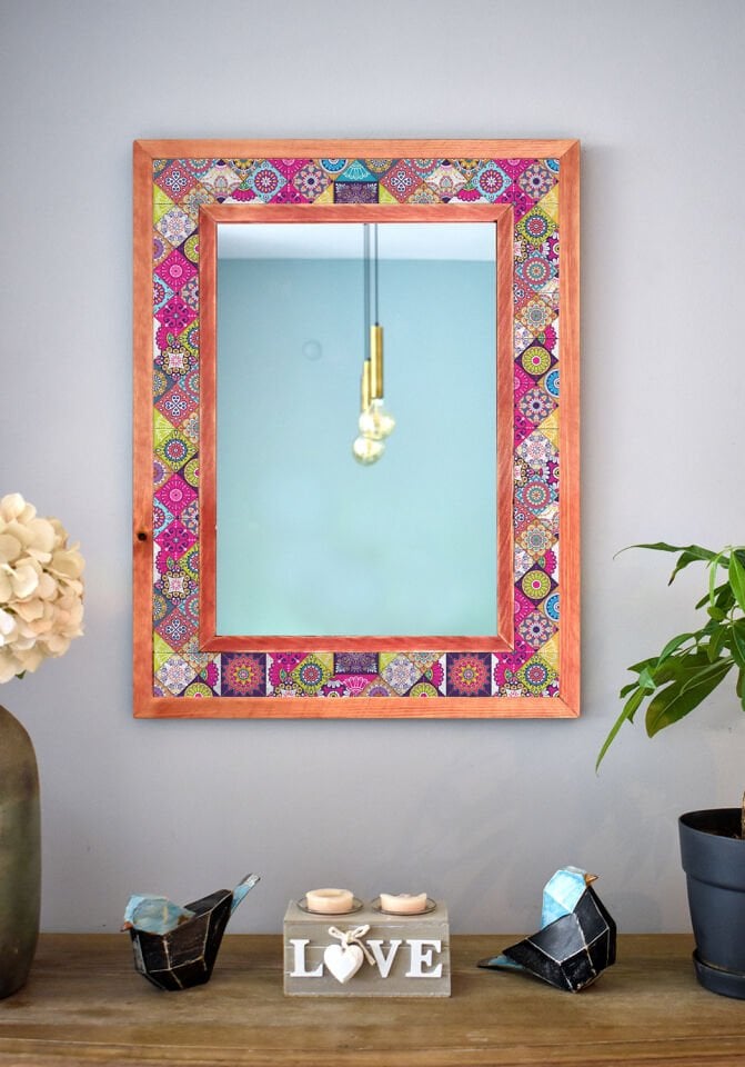 Mandala Temalı, Masif Ahşap Ve Desenli Mermerden Dekoratif Ayna - 48x63cm - 021.1