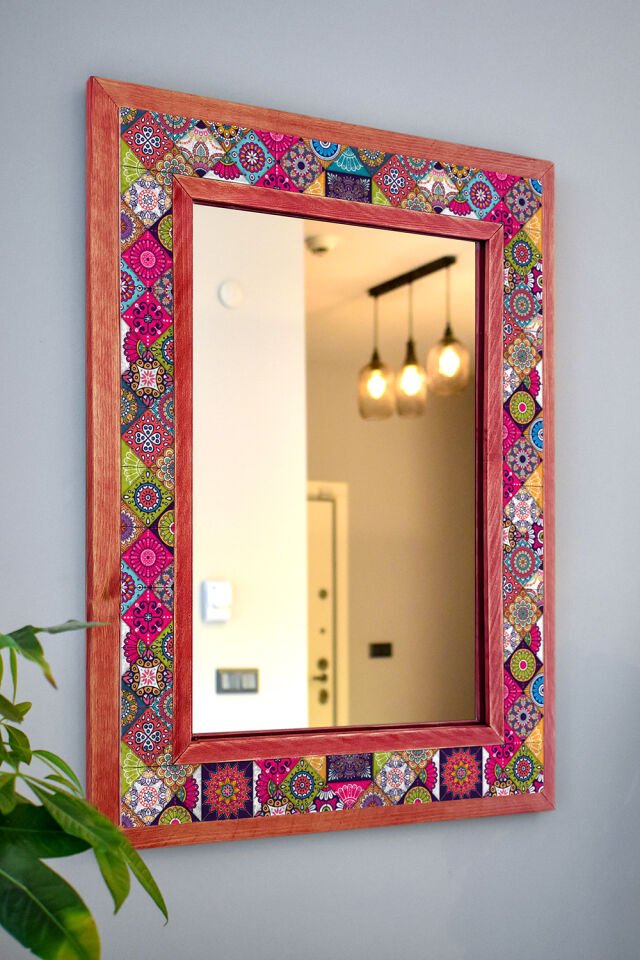 Mandala Temalı, Masif Ahşap Ve Desenli Mermerden Dekoratif Ayna - 48x63cm - 021.1