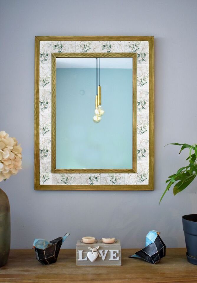 Çiçek Temalı, Masif Ahşap Ve Desenli Mermerden Dekoratif Ayna - 48x63cm - 024.1