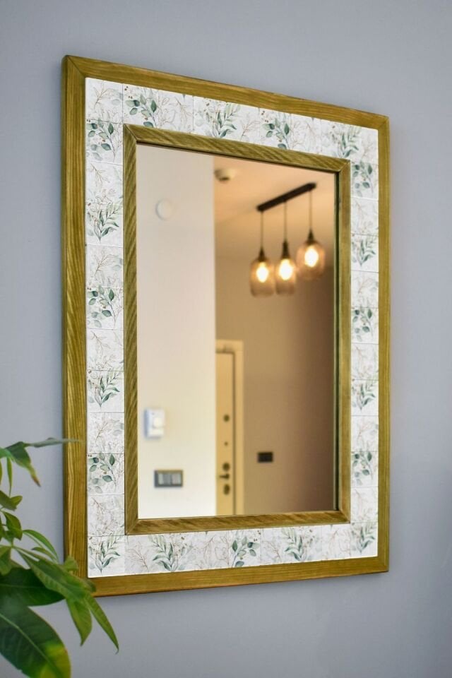 Çiçek Temalı, Masif Ahşap Ve Desenli Mermerden Dekoratif Ayna - 48x63cm - 024.1