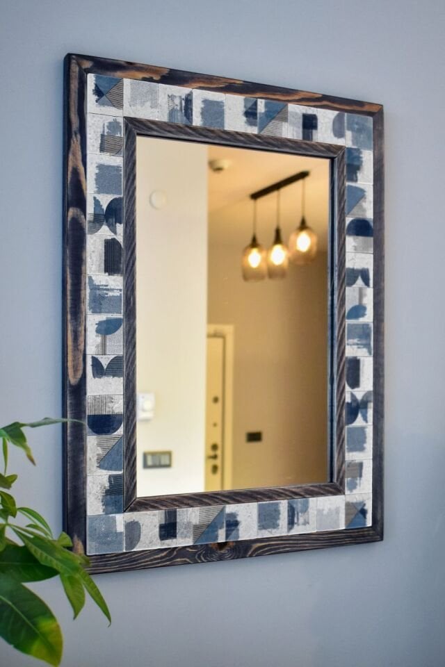 Abstract Temalı, Masif Ahşap Ve Desenli Mermerden Dekoratif Ayna - 48x63cm - 032.1