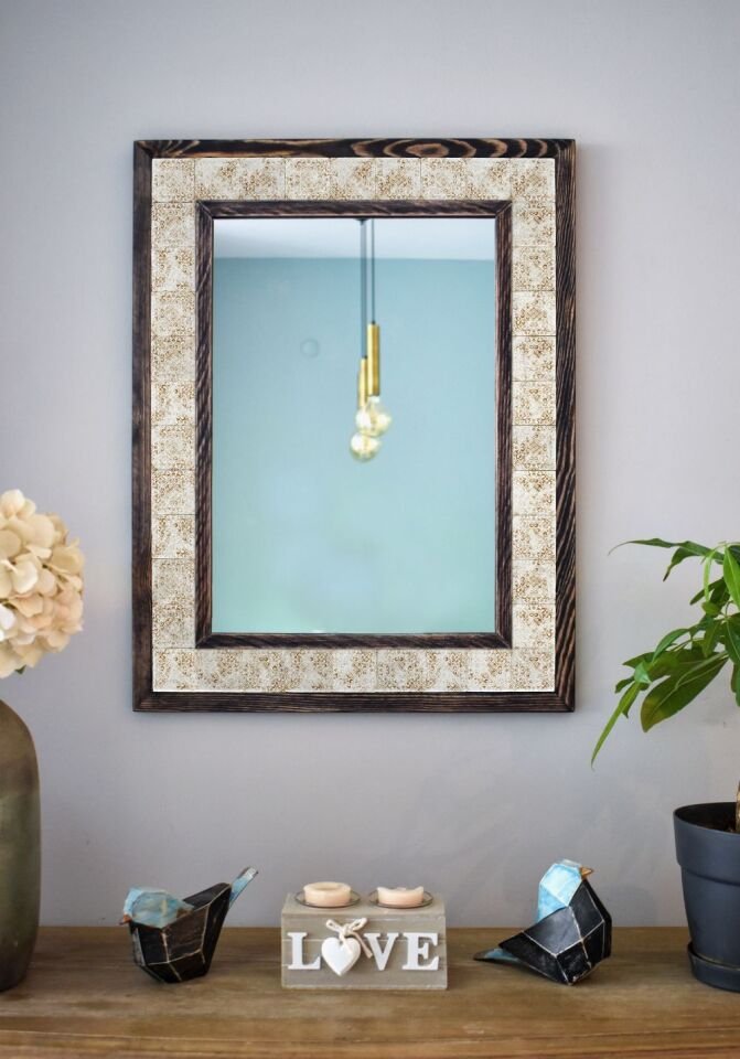 Vintage Temalı, Masif Ahşap Ve Desenli Mermerden Dekoratif Ayna - 48x63cm - 034.1