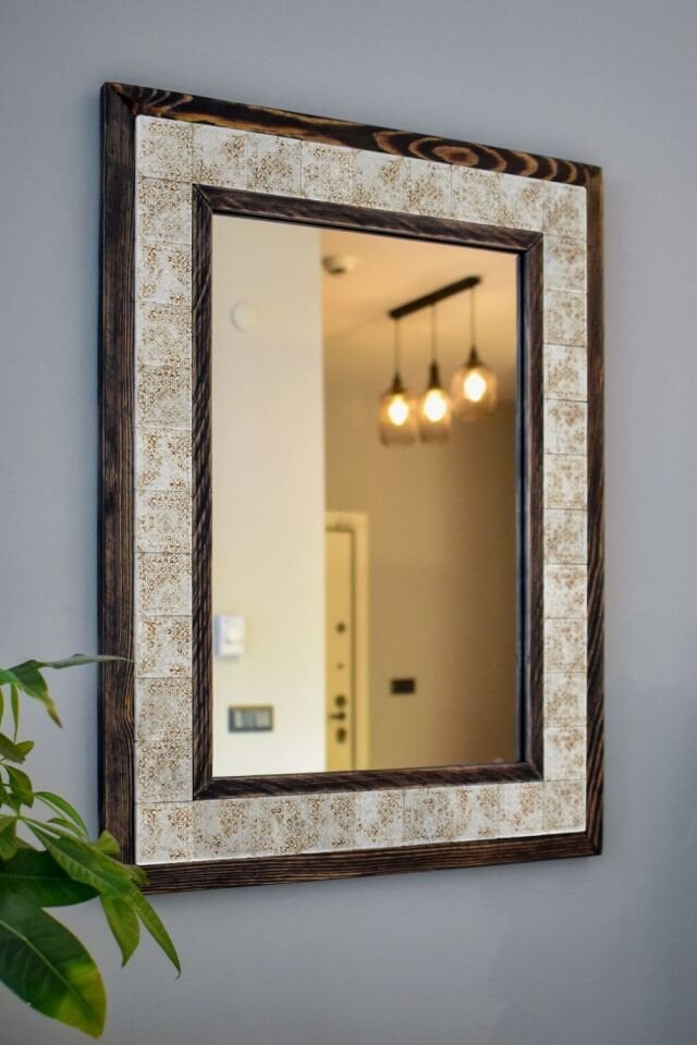 Vintage Temalı, Masif Ahşap Ve Desenli Mermerden Dekoratif Ayna - 48x63cm - 034.1