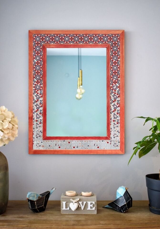 Geometrik Temalı, Masif Ahşap Ve Desenli Mermerden Dekoratif Ayna - 48x63cm - 042.2