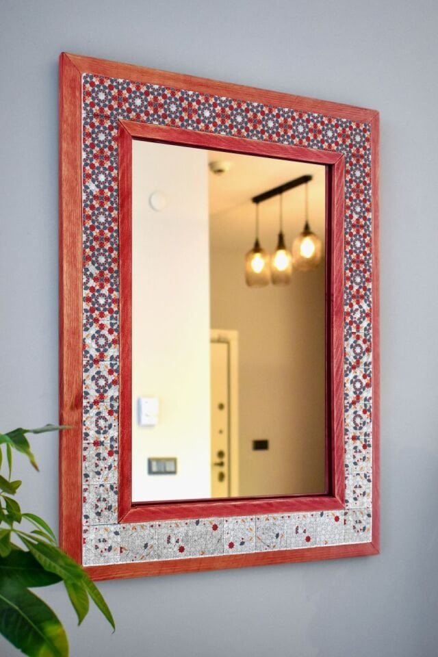 Geometrik Temalı, Masif Ahşap Ve Desenli Mermerden Dekoratif Ayna - 48x63cm - 042.2