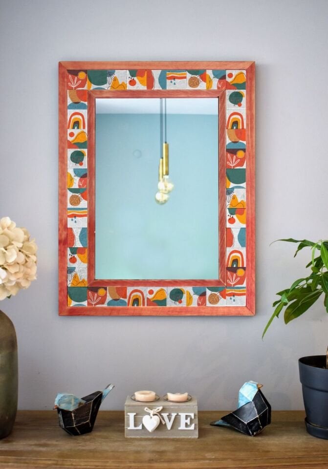 Masif Ahşap Ve Desenli Mermerden Dekoratif Ayna - 48x63cm - 047.1