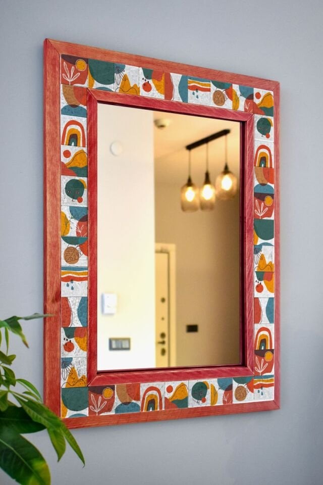 Masif Ahşap Ve Desenli Mermerden Dekoratif Ayna - 48x63cm - 047.1