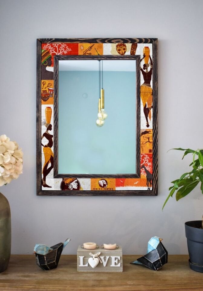 Afrika Temalı, Masif Ahşap Ve Desenli Mermerden Dekoratif Ayna - 48x63cm - 051.4