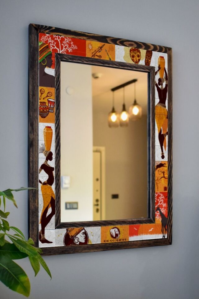 Afrika Temalı, Masif Ahşap Ve Desenli Mermerden Dekoratif Ayna - 48x63cm - 051.4