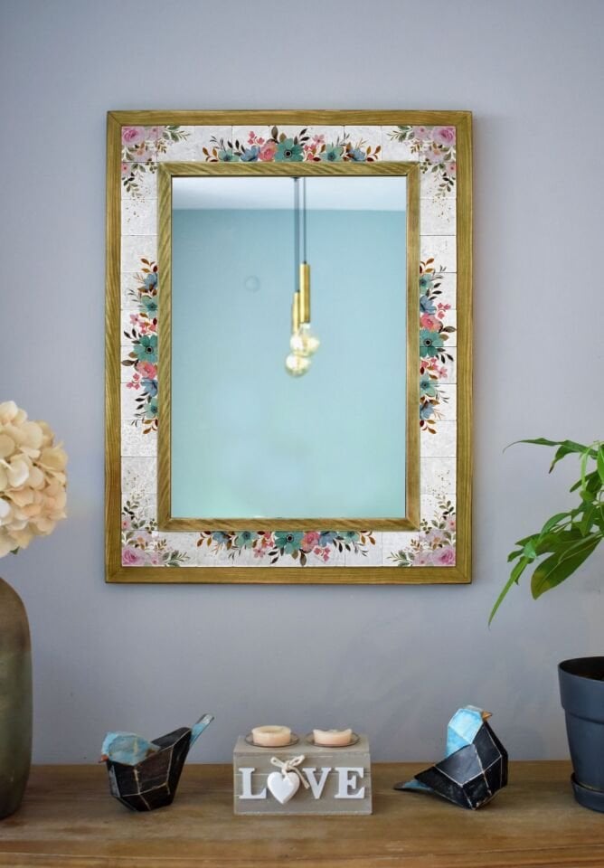 El Yapımı Çiçek Temalı, Masif Ahşap Ve Desenli Mermerden Dekoratif Ayna - 48x63cm - 066.1