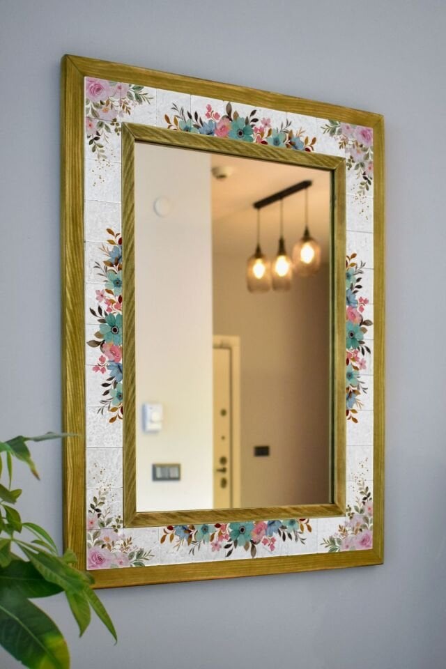 El Yapımı Çiçek Temalı, Masif Ahşap Ve Desenli Mermerden Dekoratif Ayna - 48x63cm - 066.1