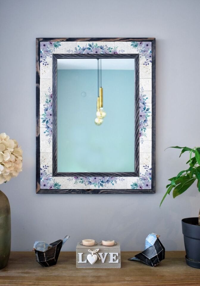 Çiçek Temalı Masif Ahşap Ve Desenli Mermerden Dekoratif Ayna - 48x63cm - 066.2