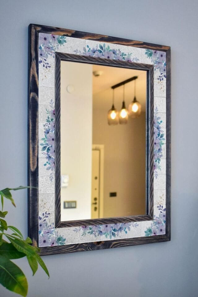 Çiçek Temalı Masif Ahşap Ve Desenli Mermerden Dekoratif Ayna - 48x63cm - 066.2