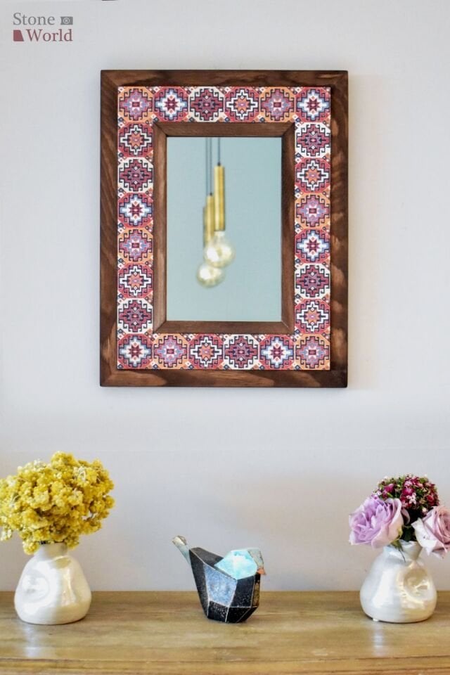 Mandala Temalı, Masif Ahşap Ve Desenli Mermerden Dekoratif Ayna - 34x44cm - 027.1