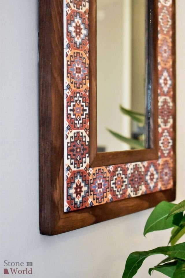 Mandala Temalı, Masif Ahşap Ve Desenli Mermerden Dekoratif Ayna - 34x44cm - 027.1