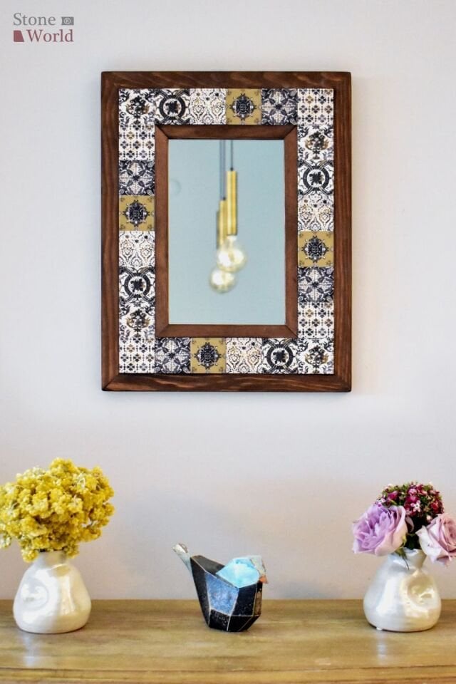 Patchwork Temalı, Masif Ahşap Ve Desenli Mermerden Dekoratif Ayna - 34x44cm - 002.1