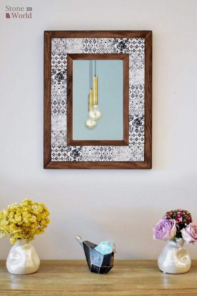 Patchwork Temalı, Masif Ahşap Ve Desenli Mermerden Dekoratif Ayna - 34x44cm - 003.1