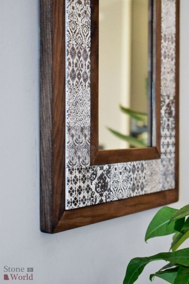 Patchwork Temalı, Masif Ahşap Ve Desenli Mermerden Dekoratif Ayna - 34x44cm - 003.1