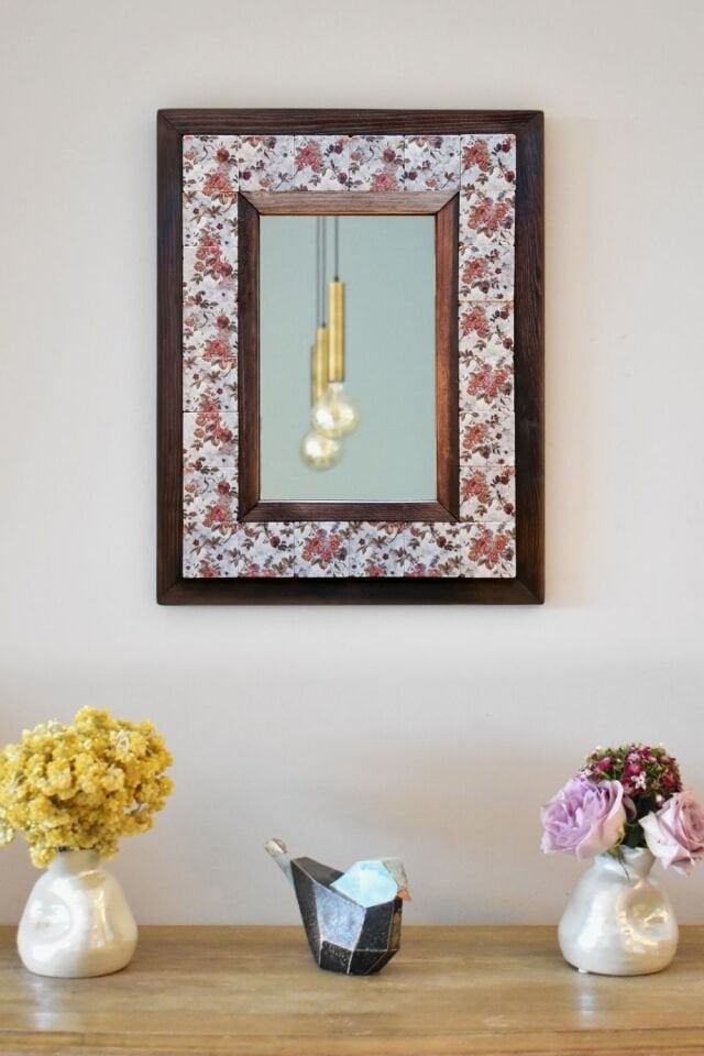 Çiçek Temalı, Masif Ahşap Ve Desenli Mermerden Dekoratif Ayna - 34x44cm - 004.1