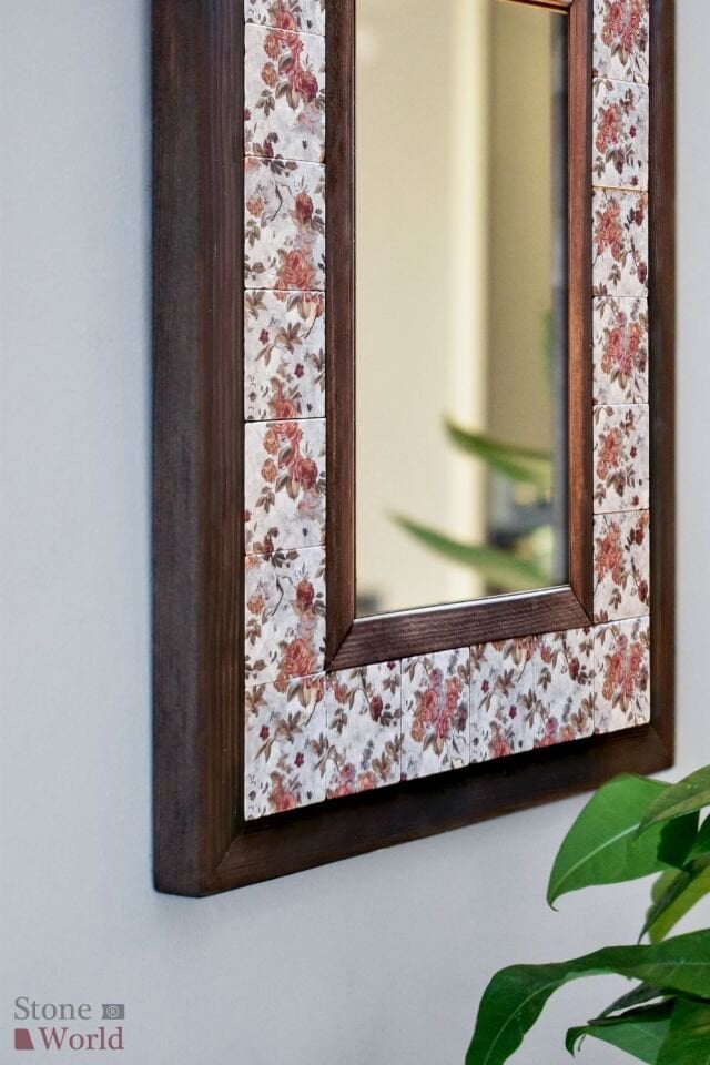 Çiçek Temalı, Masif Ahşap Ve Desenli Mermerden Dekoratif Ayna - 34x44cm - 004.1