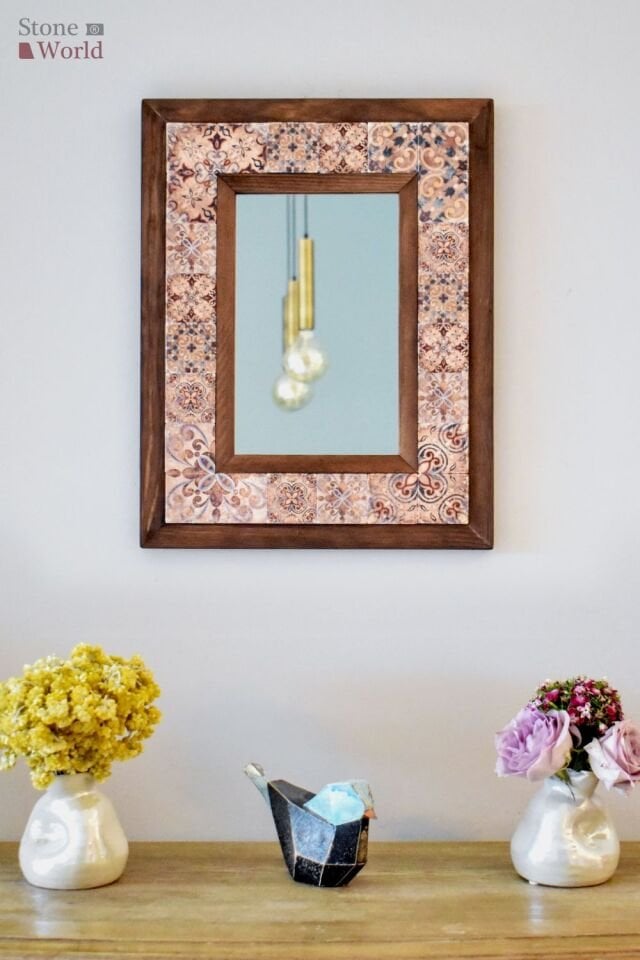 Patchwork Temalı, Masif Ahşap Ve Desenli Mermerden Dekoratif Ayna - 34x44cm - 005.1