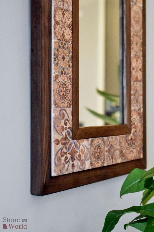 Patchwork Temalı, Masif Ahşap Ve Desenli Mermerden Dekoratif Ayna - 34x44cm - 005.1