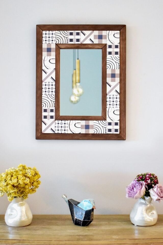 Patchwork Temalı, Masif Ahşap Ve Desenli Mermerden Dekoratif Ayna - 34x44cm - 006.1