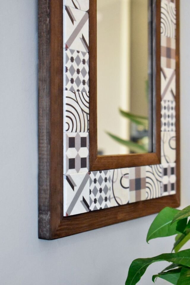 Patchwork Temalı, Masif Ahşap Ve Desenli Mermerden Dekoratif Ayna - 34x44cm - 006.1