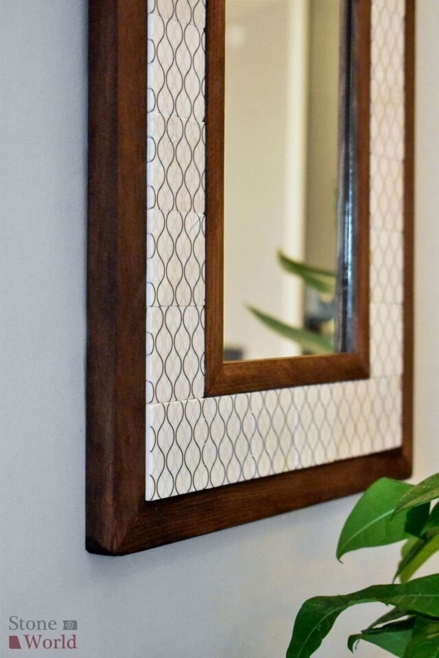 Geometrik Temalı, Masif Ahşap Ve Desenli Mermerden Dekoratif Ayna - 34x44cm - 007.1