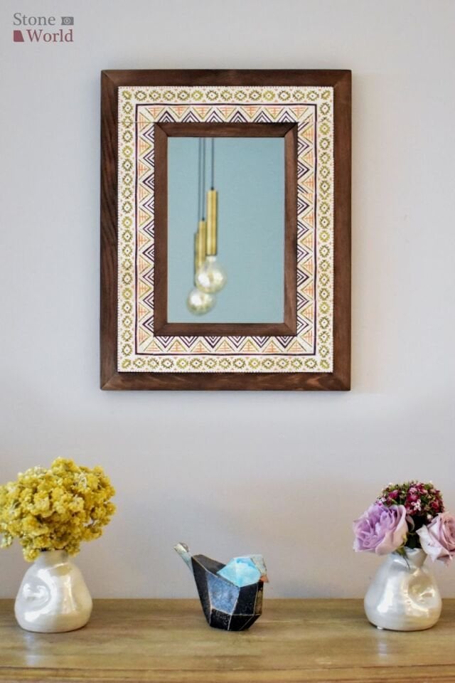 Etnik Temalı, Masif Ahşap Ve Desenli Mermerden Dekoratif Ayna - 34x44cm - 008.1
