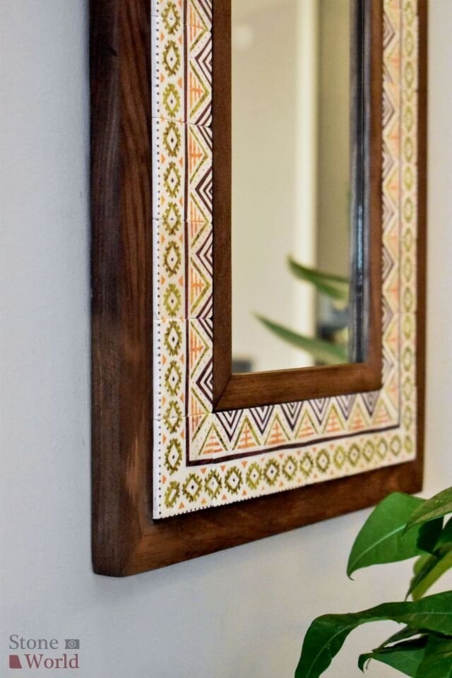 Etnik Temalı, Masif Ahşap Ve Desenli Mermerden Dekoratif Ayna - 34x44cm - 008.1