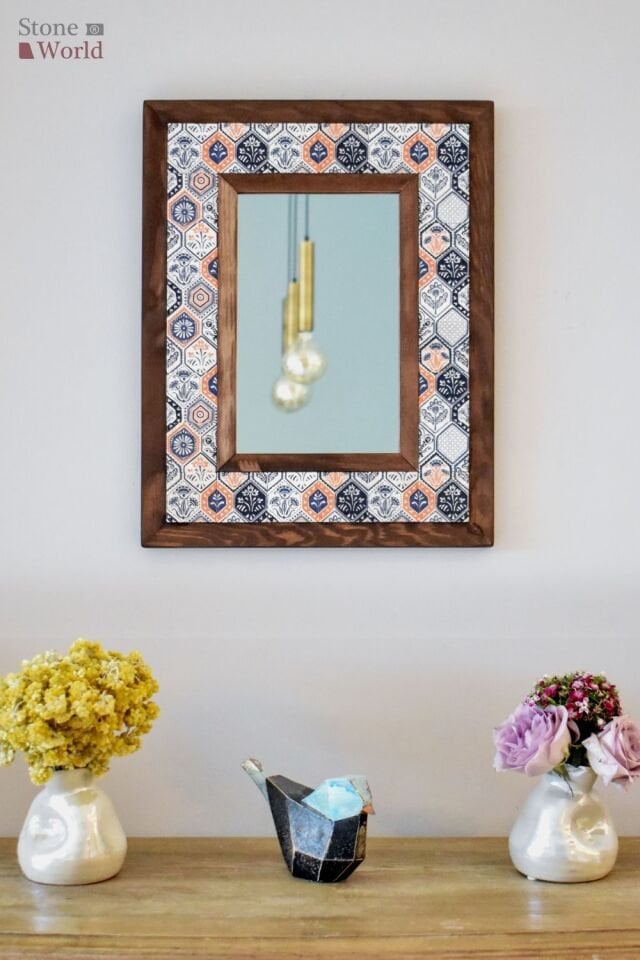 Etnik Temalı, Masif Ahşap Ve Desenli Mermerden Dekoratif Ayna - 34x44cm - 009.1