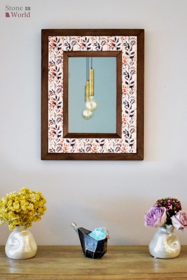 Çiçek Temalı, Masif Ahşap Ve Desenli Mermerden Dekoratif Ayna - 34x44cm - 010.1