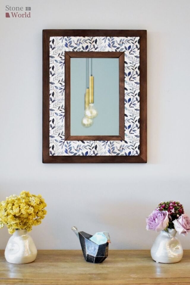 Çiçek Temalı, Masif Ahşap Ve Desenli Mermerden Dekoratif Ayna - 34x44cm - 012.1