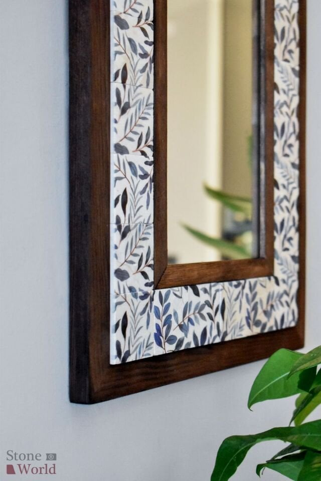 Çiçek Temalı, Masif Ahşap Ve Desenli Mermerden Dekoratif Ayna - 34x44cm - 012.1