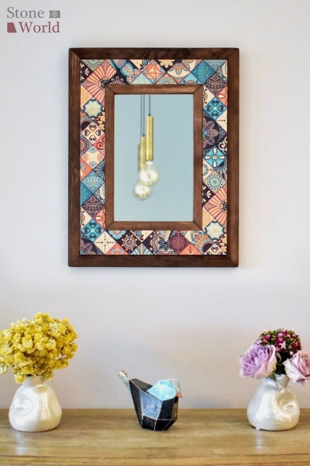 Mandala Temalı, Masif Ahşap Ve Desenli Mermerden Dekoratif Ayna - 34x44cm - 015.1