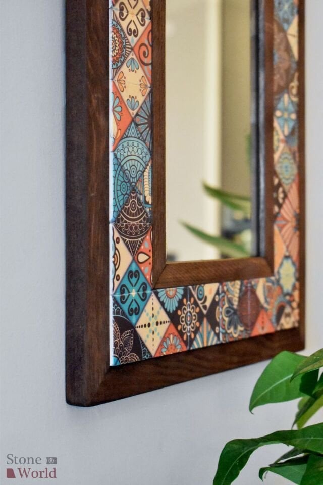 Mandala Temalı, Masif Ahşap Ve Desenli Mermerden Dekoratif Ayna - 34x44cm - 015.1