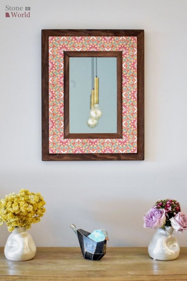 Çiçek Temalı, Masif Ahşap Ve Desenli Mermerden Dekoratif Ayna - 34x44cm - 017.1