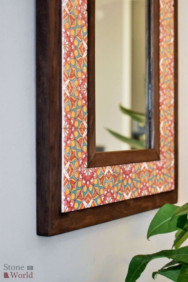 Çiçek Temalı, Masif Ahşap Ve Desenli Mermerden Dekoratif Ayna - 34x44cm - 017.1