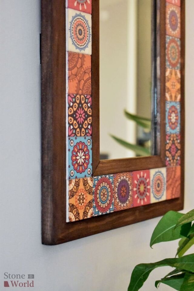 Mandala Temalı, Masif Ahşap Ve Desenli Mermerden Dekoratif Ayna - 34x44cm - 019.1