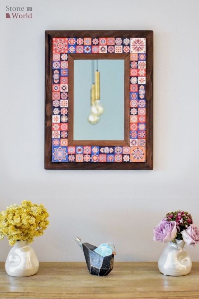 Mandala Temalı, Masif Ahşap Ve Desenli Mermerden Dekoratif Ayna - 34x44cm - 020.1