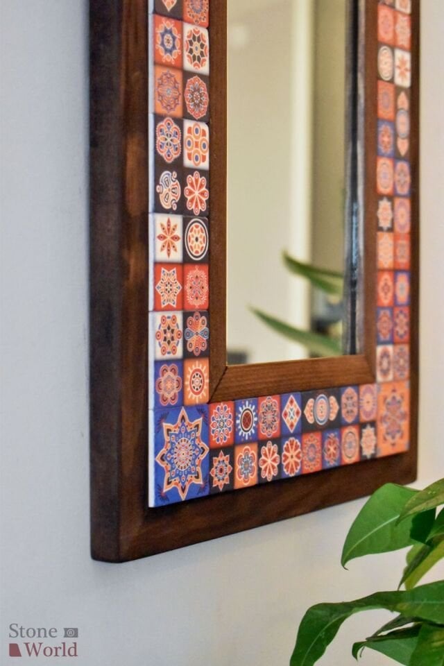 Mandala Temalı, Masif Ahşap Ve Desenli Mermerden Dekoratif Ayna - 34x44cm - 020.1