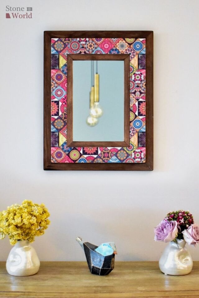 Mandala Temalı, Masif Ahşap Ve Desenli Mermerden Dekoratif Ayna - 34x44cm - 021.1