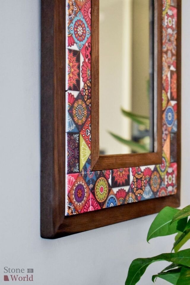 Mandala Temalı, Masif Ahşap Ve Desenli Mermerden Dekoratif Ayna - 34x44cm - 021.1