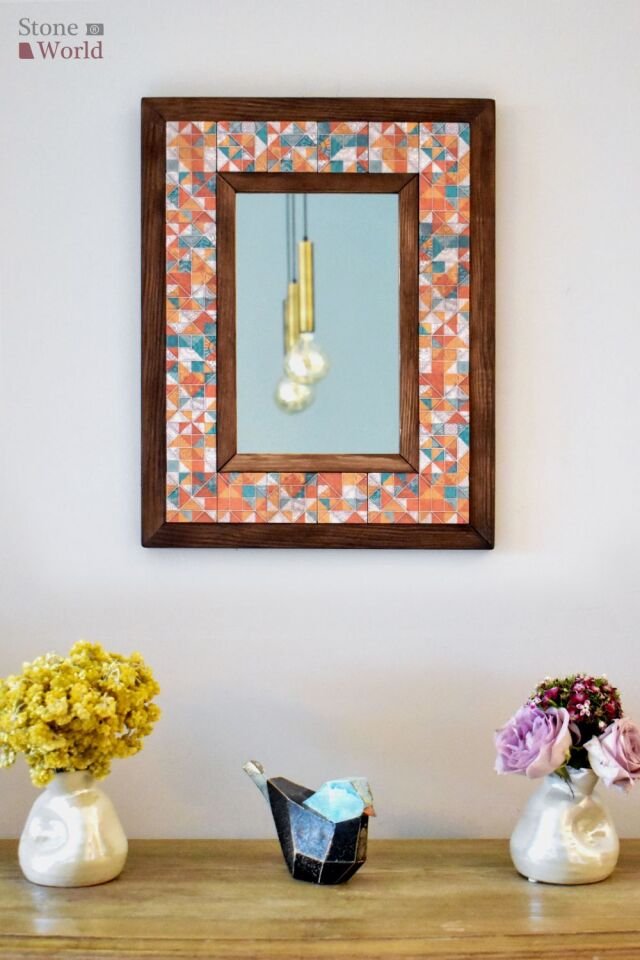 Geometrik Temalı, Masif Ahşap Ve Desenli Mermerden Dekoratif Ayna - 34x44cm - 022.1