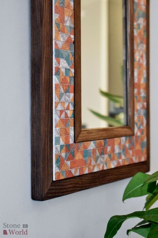 Geometrik Temalı, Masif Ahşap Ve Desenli Mermerden Dekoratif Ayna - 34x44cm - 022.1